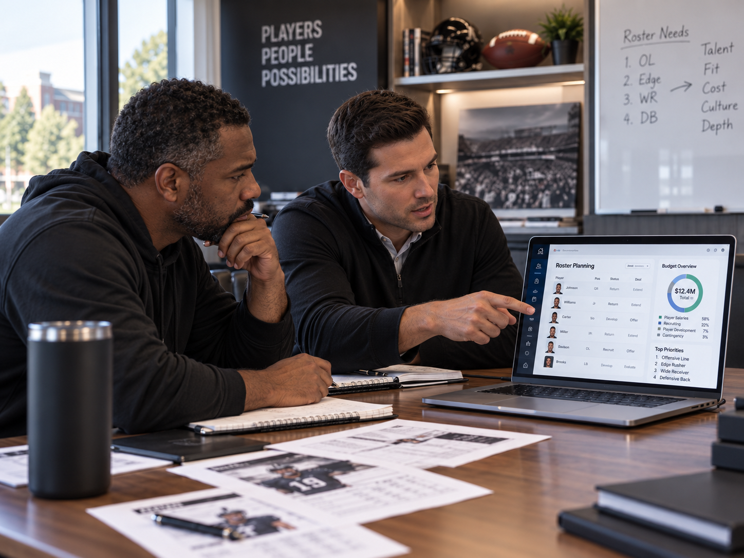 Two athletics staff members reviewing roster plans, budget information, and player notes around a laptop